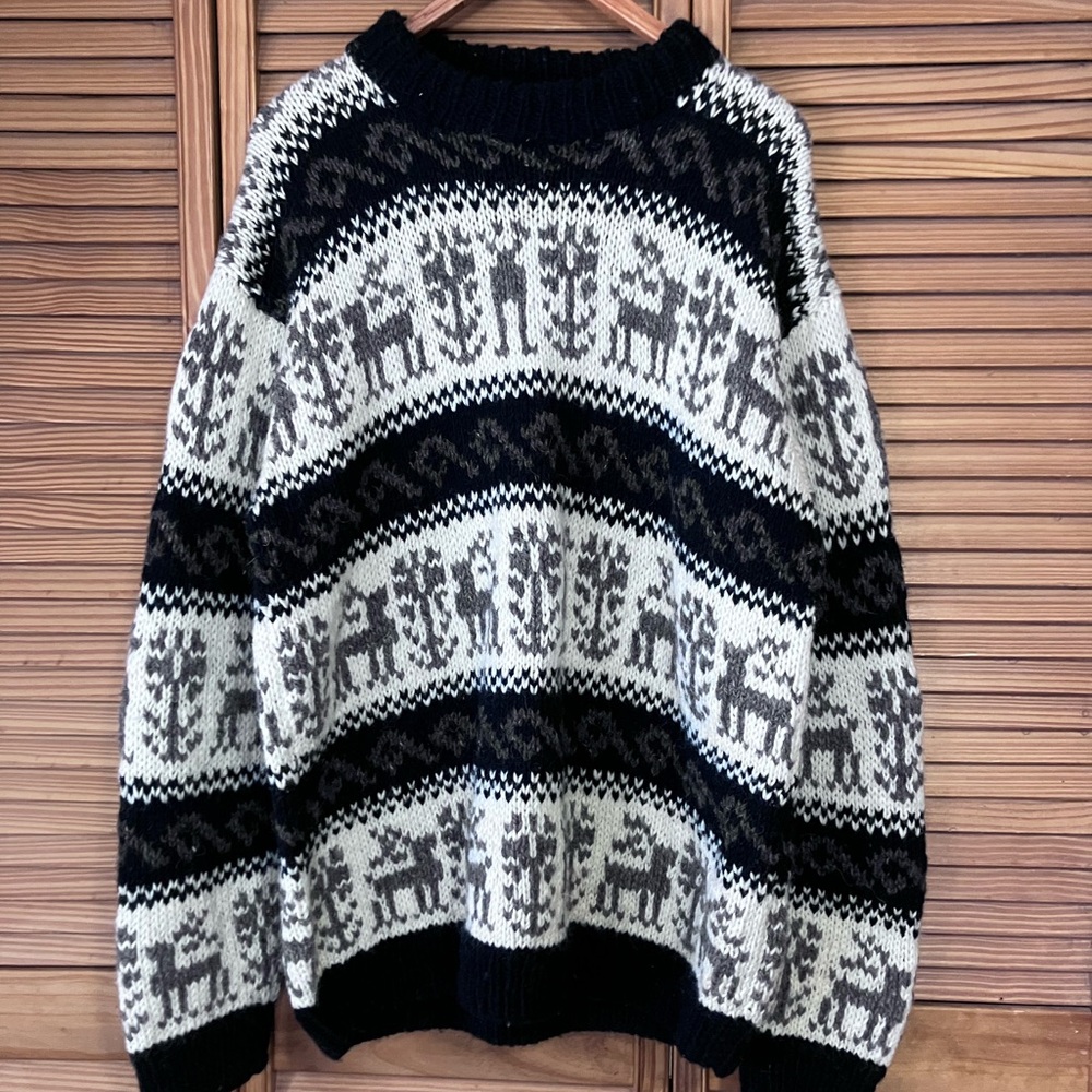 Vintage Fair Isle Chunky Knit Wool Sweater Reindeer Pattern Men L/XL